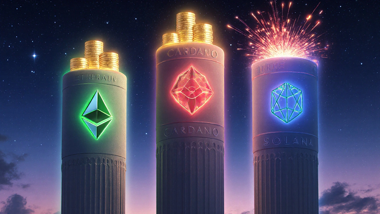 Tři sloupy s logy Ethereum, Cardano a Solana, na nich tokeny a aurami výnosů a rizik.