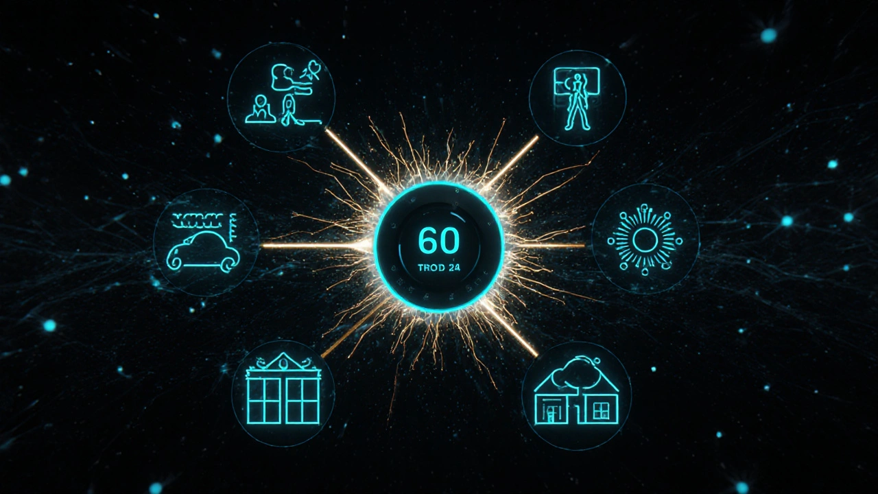 Abstract neural network visualizing smart thermostat learning daily habits and weather patterns for optimized heating.