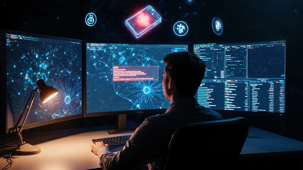 Analytik před závěsnými monitory plnými grafů adres a AI analýzy kryptotransakcí.