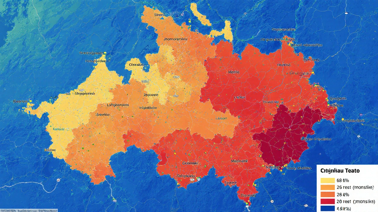 Barevná mapa ČR s teplými a studenými odstíny podle nájmů v roce 2025.