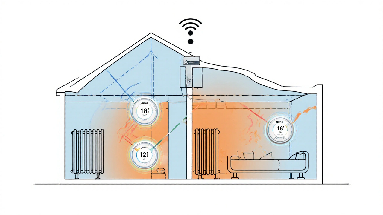 Cross-section of apartment with smart thermostats on radiators, color-coded heat zones, wireless connections to central hub.