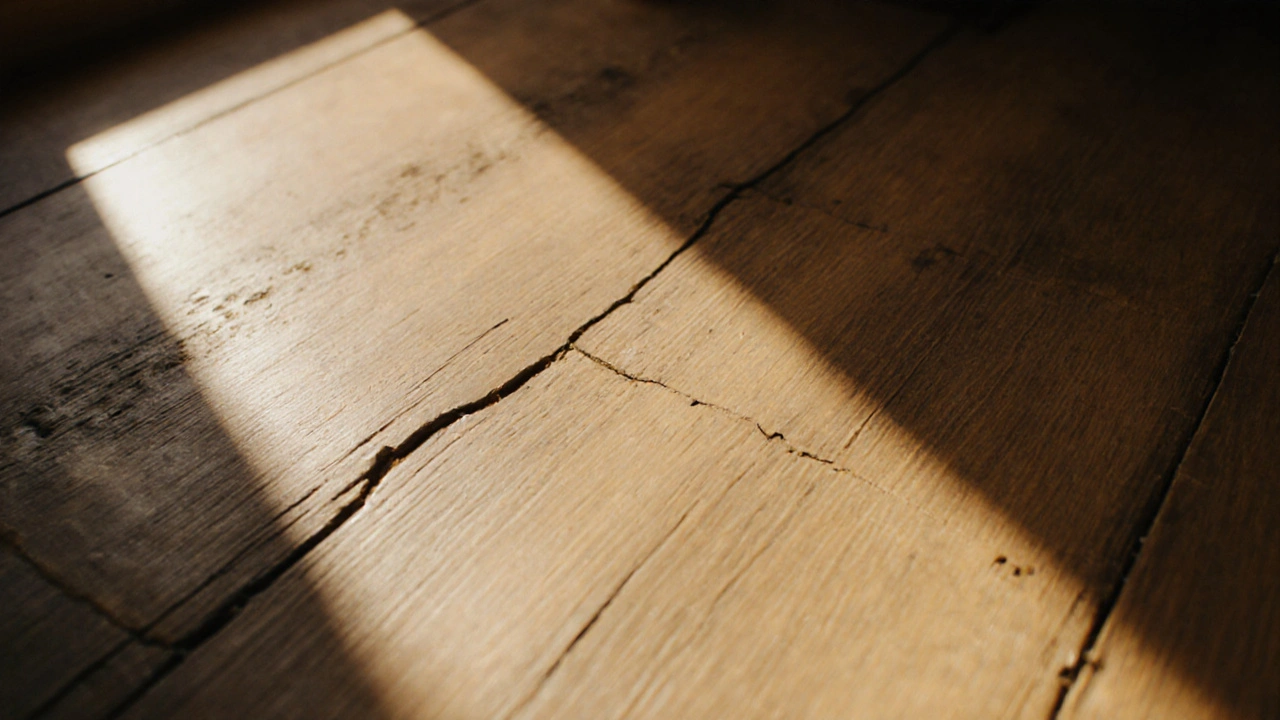 Detailní záběr na praskliny a škrábance na dřevěné podlaze.