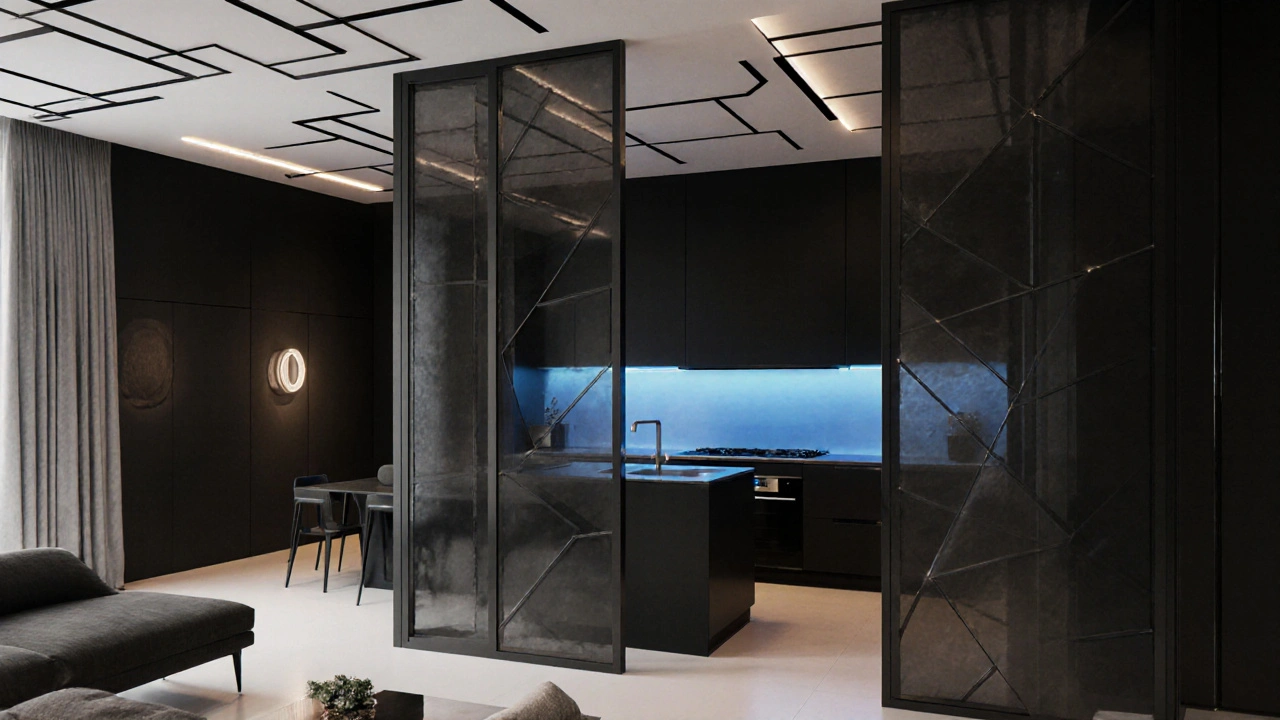 Futuristický semi‑open koncept s chytrým odsavačem, posuvnou lamelou a ambientním osvětlením.