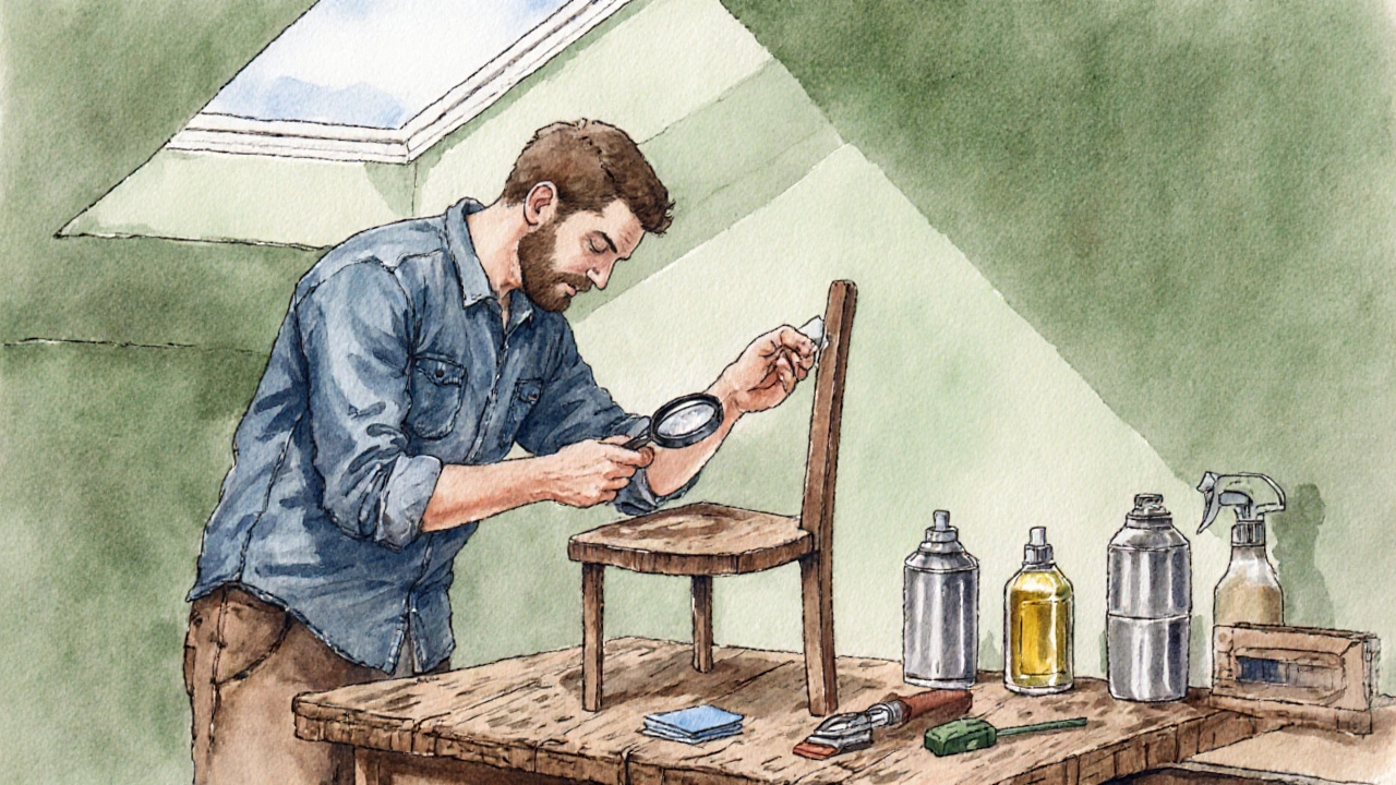 Ilustrace opravy dřevěné židle v dílně re‑use centra s ekologickými nástroji.