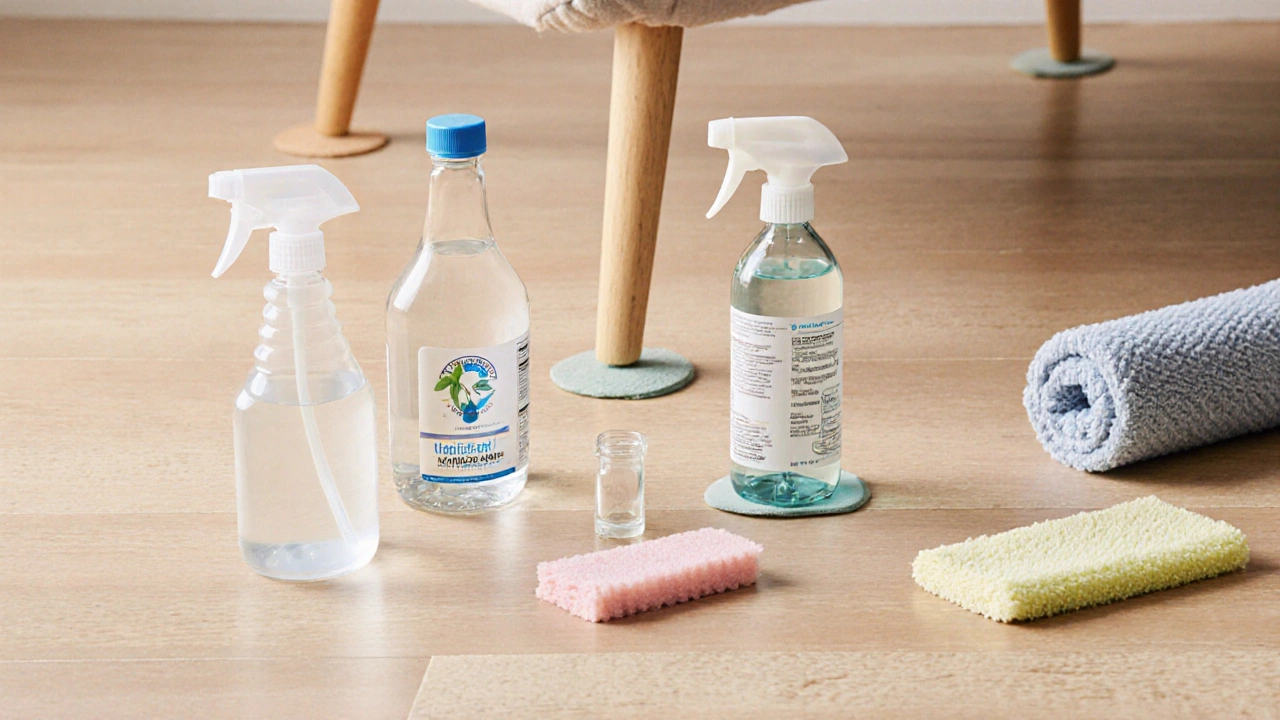 Klidná kompozice nástrojů na laminátové podlaze: sprej s octem, čistič, alkohol, vosk a mop.