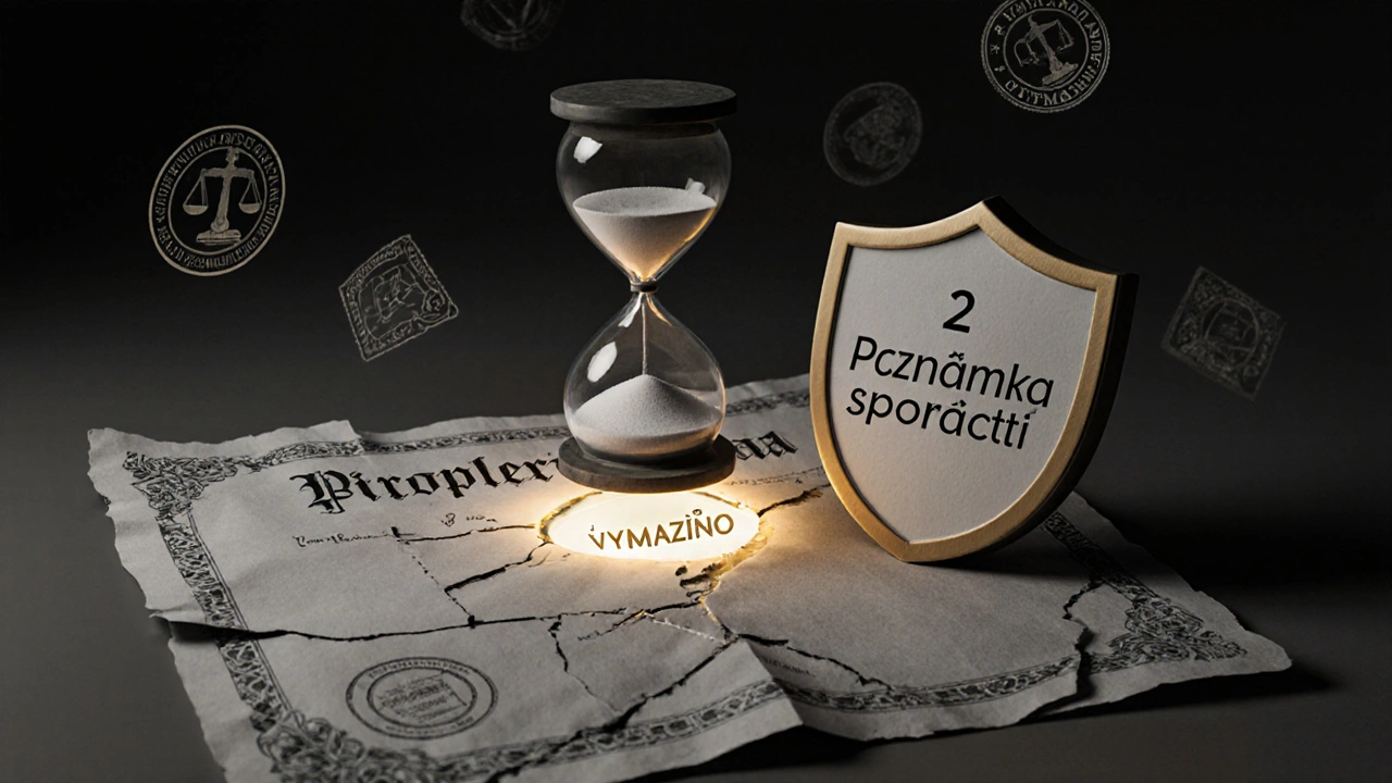 Křehký list vlastnictví s přesypávajícími hodinami a ochrannou poznámkou spornosti.