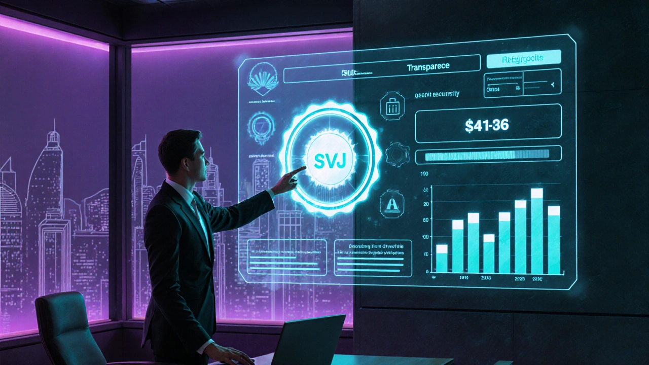 Poradce ukazuje holografický dashboard auditu a registru SVJ v futuristickém prostoru.