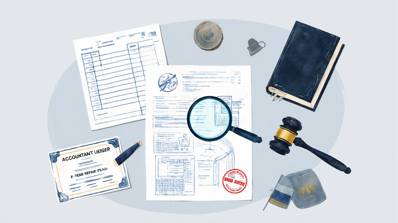 Rozložení účetních výkazů, plánu oprav a certifikátu o neexistenci dluhů s lupou.