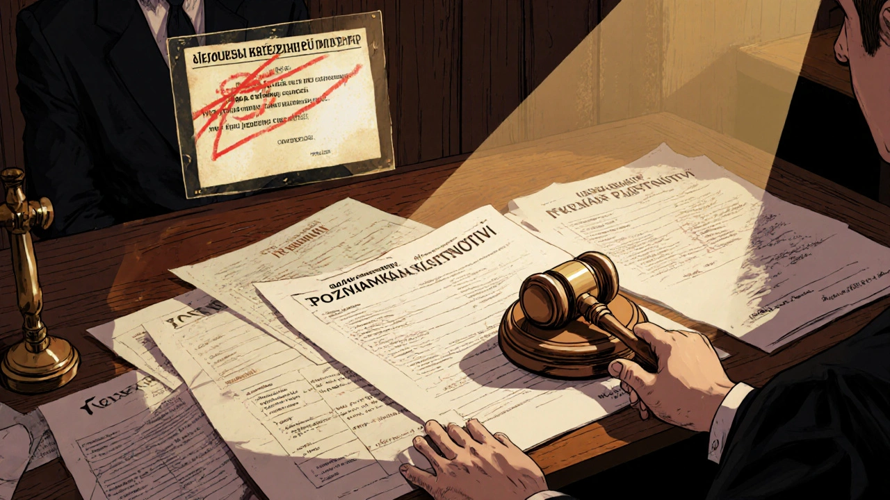 Soudce v soudní síni s dokumenty o vlastnictví a překrývaným zápisem v katastru.