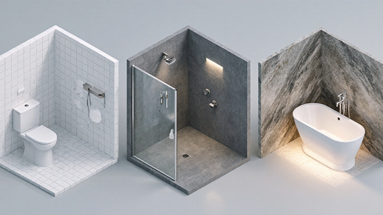 Tři vedle sebe stojící koupelny – ekonomická, střední, luxusní – ukazující různé materiály.