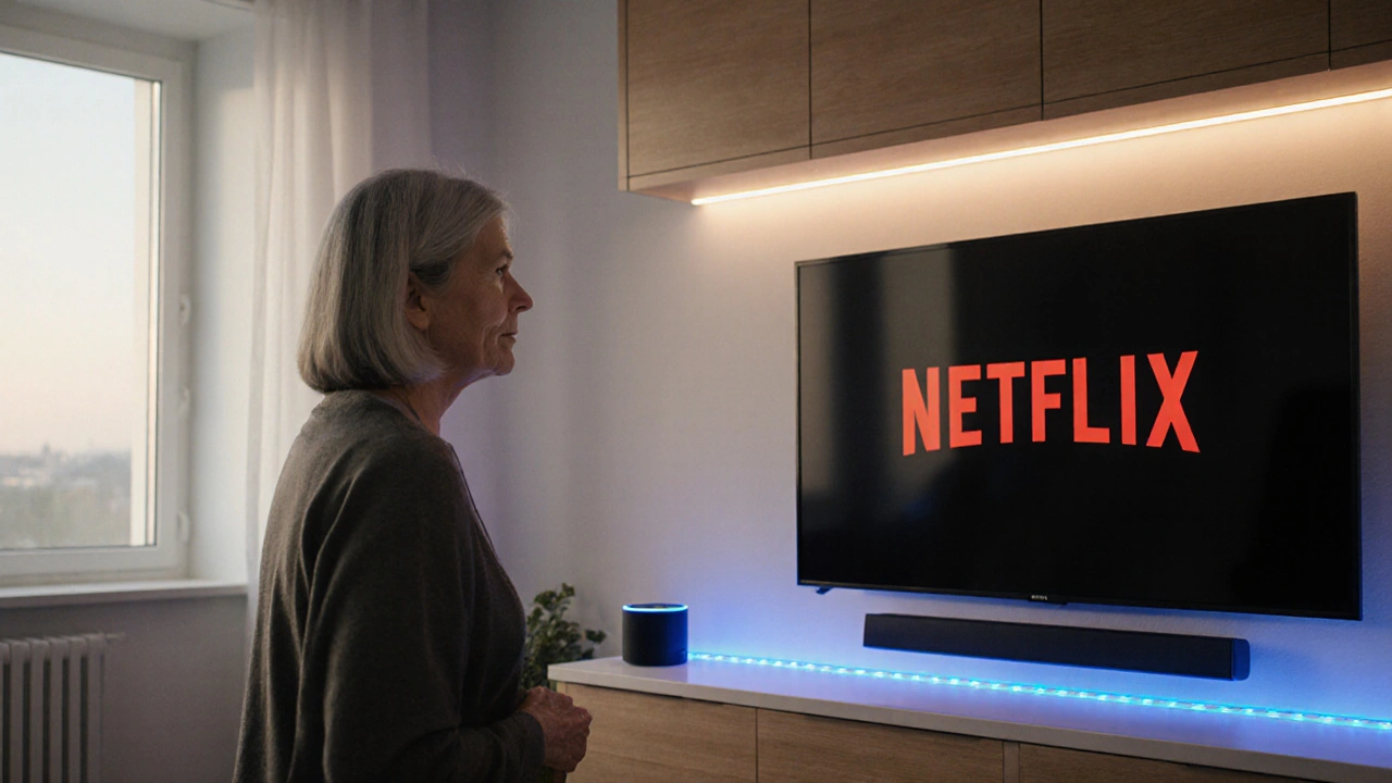 Žena říká příkaz hlasem, zatímco se v obýváku automaticky zapíná filmová atmosféra.