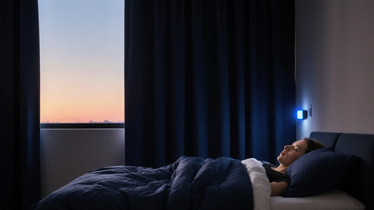 Chytré blackout závěsy se automaticky zavírají při ranním světle, ložnice je stále tma, člověk spí.