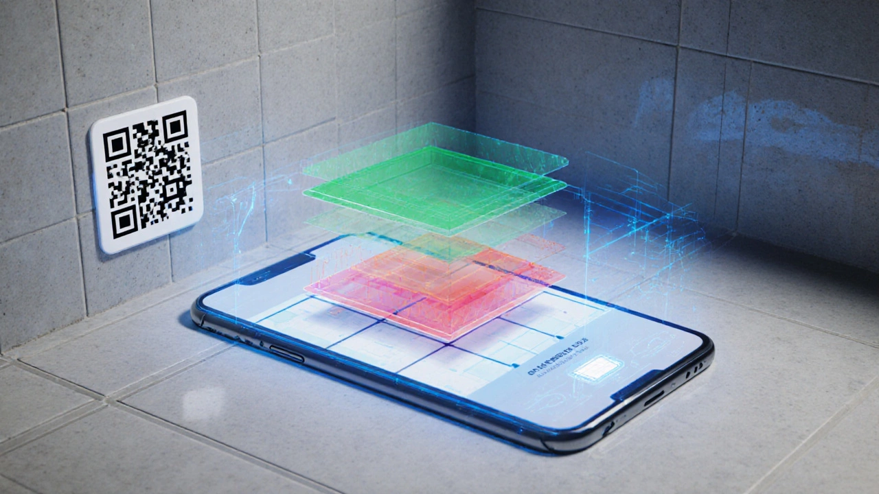 Chytrý telefon zobrazuje 3D mapu odchylek dlaždice s QR kódem pro kontrolu kvality.