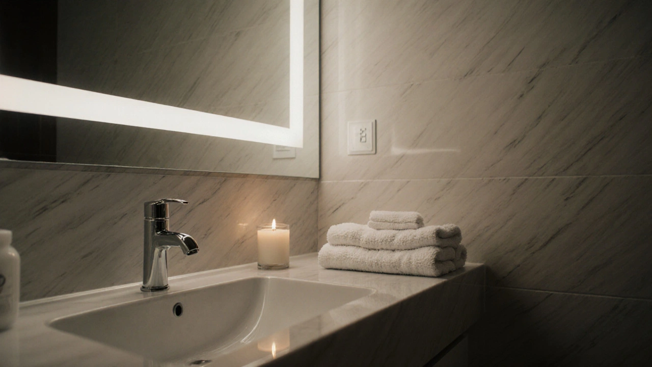 Čistá koupelna bez žádných léků nebo potřeb, jen zrcadlo, umyvadlo a jedna svíčka.