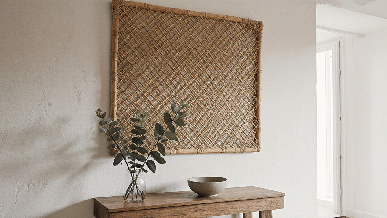 Dekorativní proutěná stěna v chodbě s dřevěným konsolovým stolem
