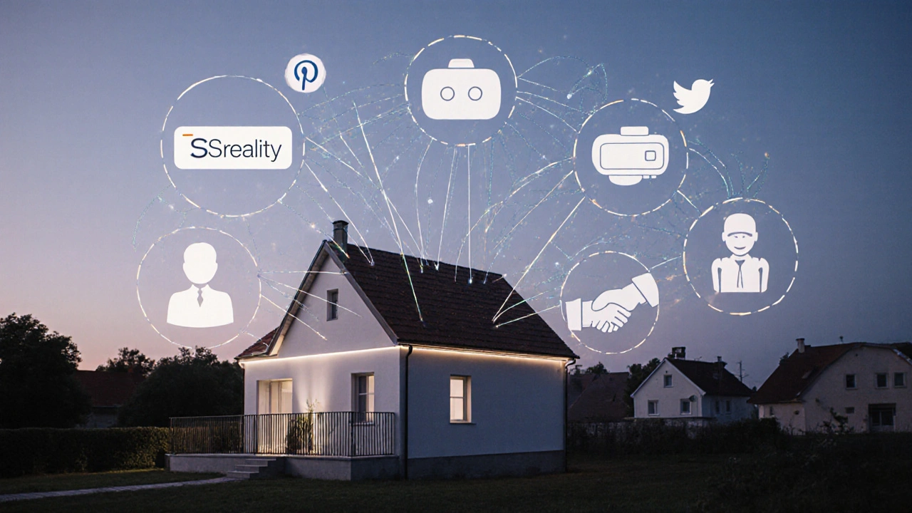 Digital network connecting a house in Brno to online platforms, VR, AI, and client handshake.