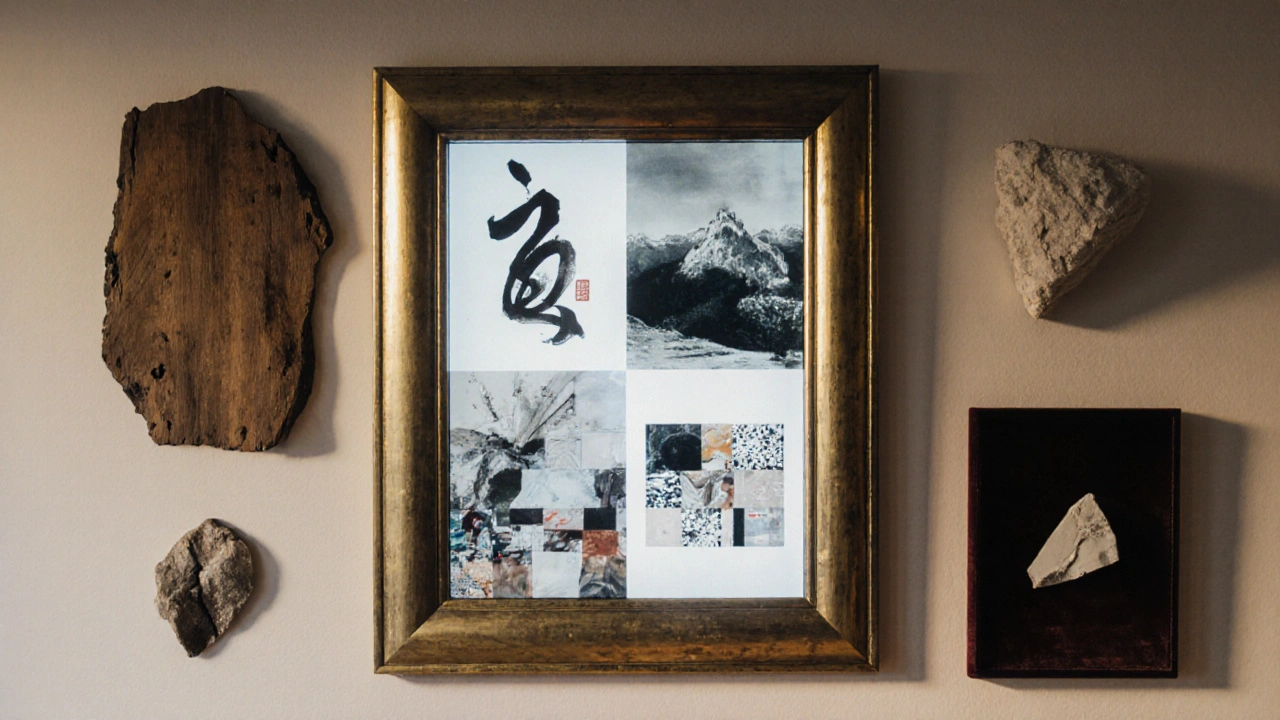 Digitální rámeček přepínající obrazy vedle textilu a reliéfu na moderní stěně.