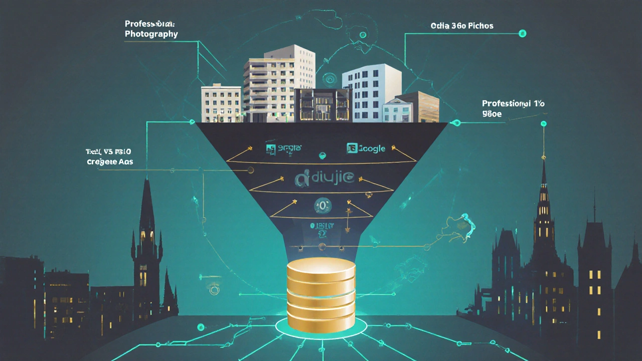 Digitální schéma marketingového procesu prodeje nemovitosti s cílovými kanály.
