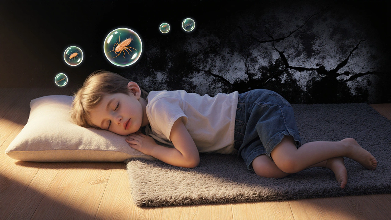 Dítě spí na vlněném koberci, zatímco nebezpečné alergény jsou odstraněny z jeho prostředí.