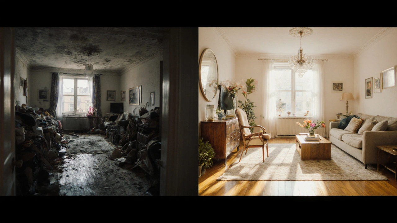 Dva pohledy na stejný byt: nepořádek vs. profesionální home staging.