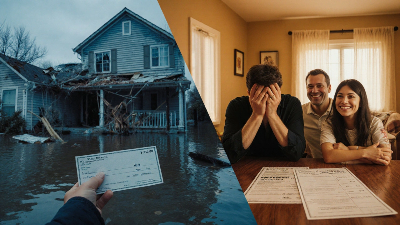 Dvě strany stejného domu: jedna zničená po škodě, druhá obnovená s plnou náhradou.