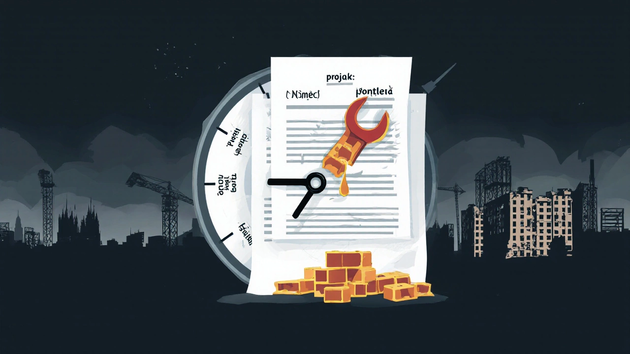 Hodiny složené ze stavebních dokumentů a stavebních materiálů, symbolizující dlouhé čekání na povolení.