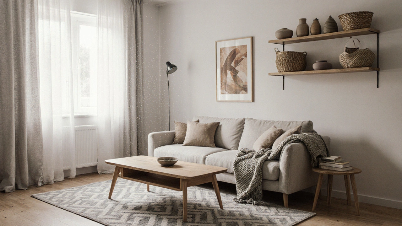 Hybridní skandinávsko-boho prostor s přírodními texturami, koši, keramikou a jemným kobercem, bez přebytečných detailů.