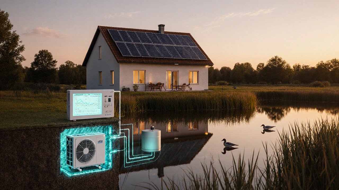 Hybridní systém: solární panely, voda-voda čerpadlo u rybníku a inteligentní řízení energie.