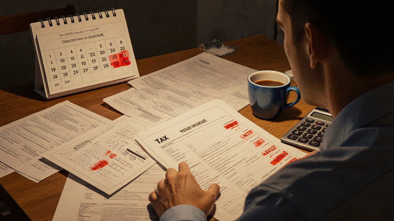 Investor při analýze nákladů na nájemní byt s rozloženými papíry a kalkulačkou.