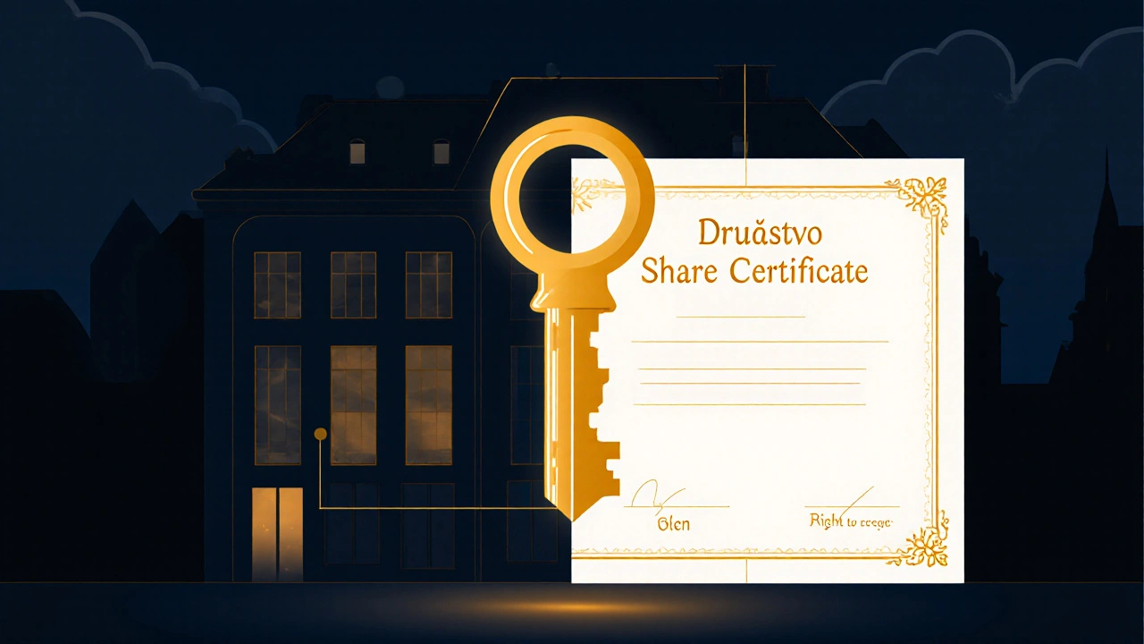 Klíč se mění v podíl, symbolizující přechod od vlastnictví k právu bydlet.