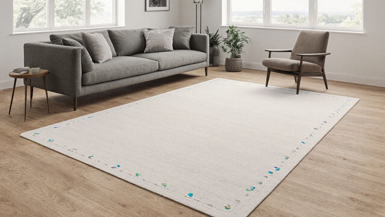 Koberec na míru s integrovanými čidly teploty podél okraje, umístěný pod rohovou pohovkou.