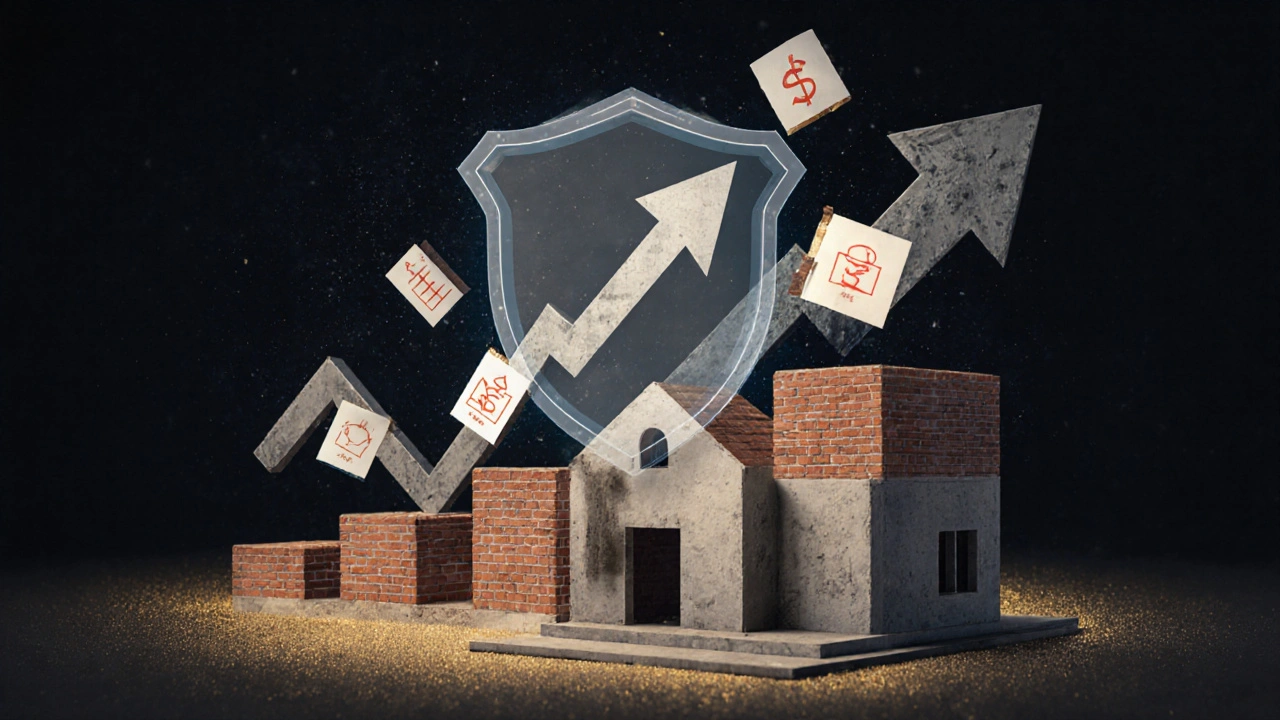 Konceptuální obrázek domu, jehož hodnota roste s inflací pod ochranným štítem pojištění.