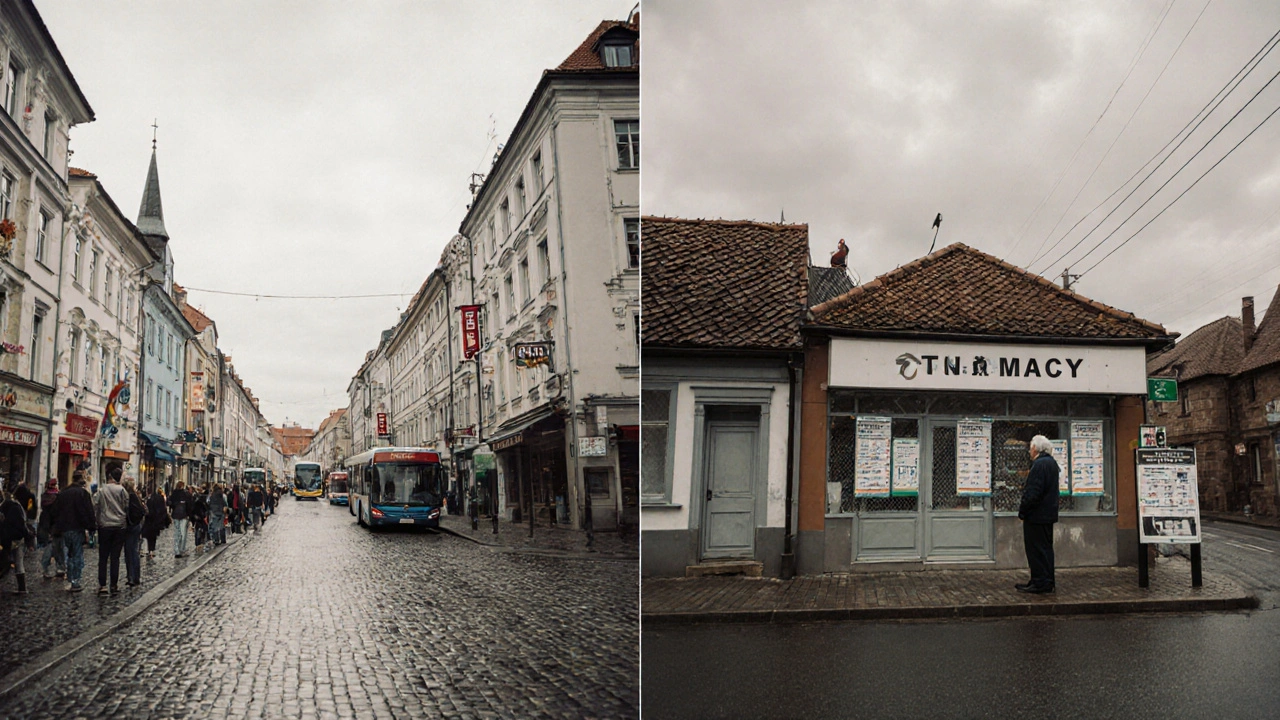 Kontrast mezi živým městem a opuštěnou vesnicí s uzavřenými službami.