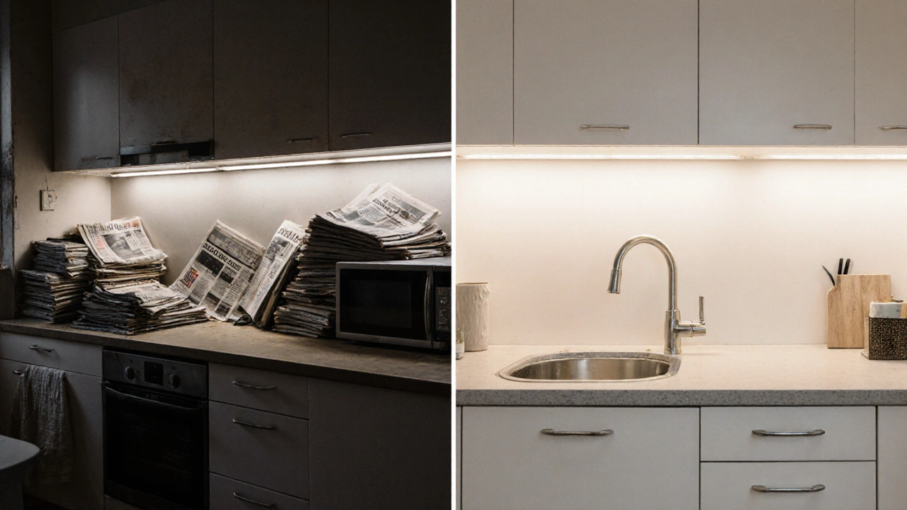 Kontrast mezi znečištěnou a připravenou kuchyní: vlevo chaos a špína, vpravo čistota a moderní detaily.
