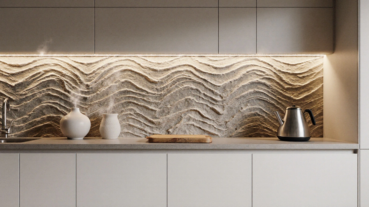 Kuchyně s vlnitými PVC panely imitujícími kámen a bílými skříněmi.