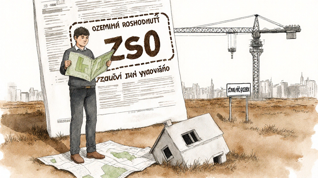 Kupující s mapou, na níž je označeno &#039;ZsO&#039;, zatímco za ním čeká úřední schválení.