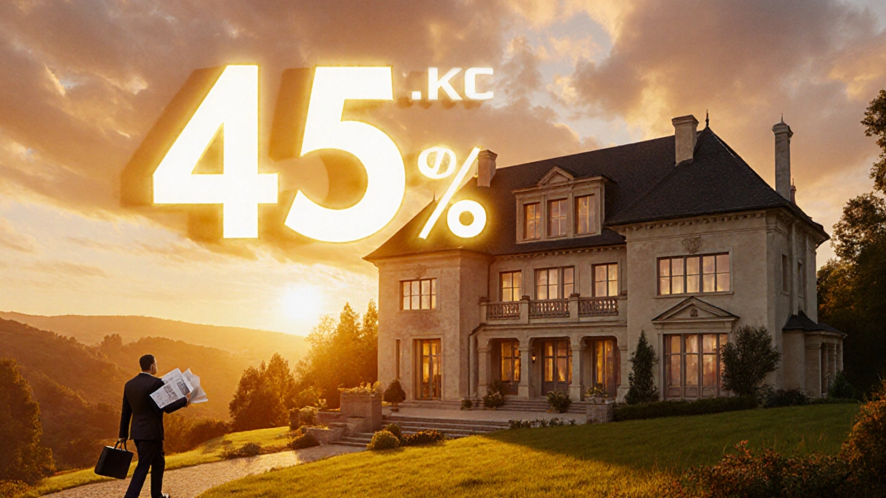 Luxusní vila s označením 4,5 % provize při ceně 15 milionů Kč při západu slunce.