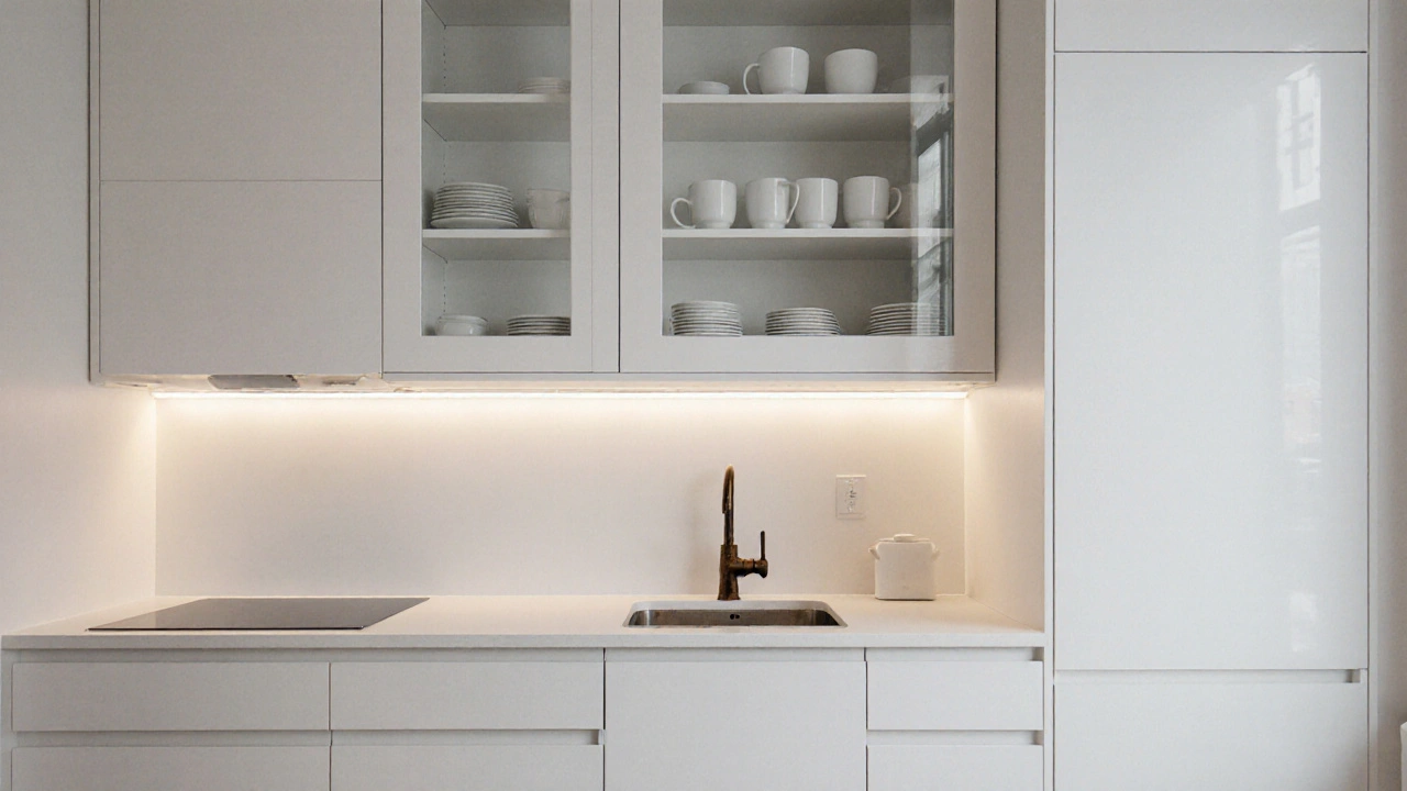 Malá kuchyň s vysokými skříněmi a skleněnými dvířky, vypadající prostorně díky minimálnímu vybavení a čistým povrchům.