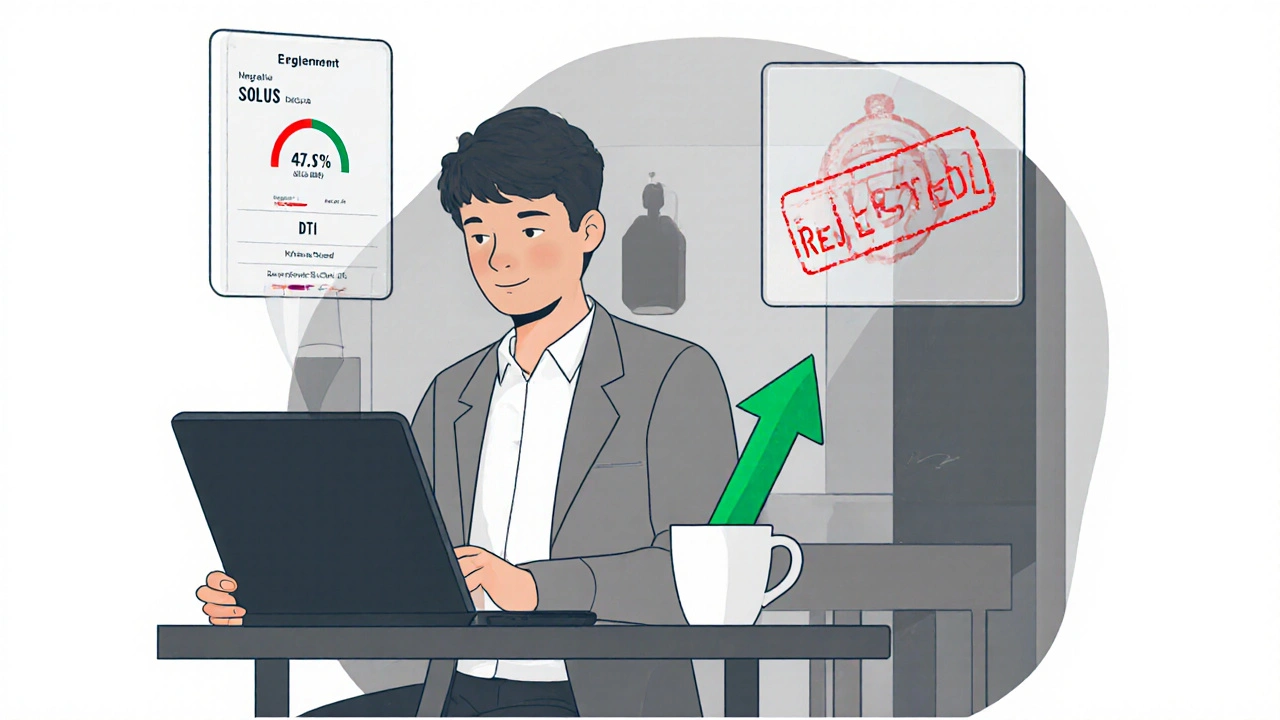 Muž analyzuje své finance na počítači, kolem něj plavou symboly zamítnutí hypotéky.