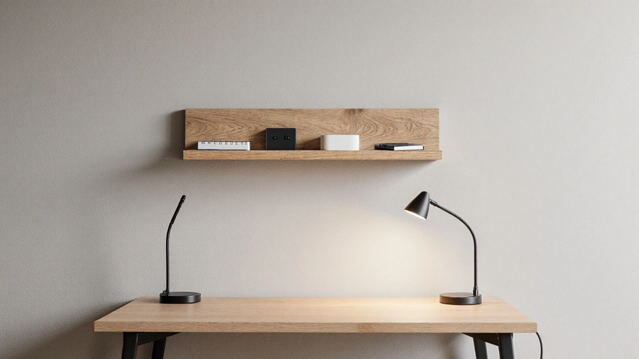 Nástěnná police s třemi předměty: tužkou, bločkem a nabíječkou, na světle dřevěném pozadí.