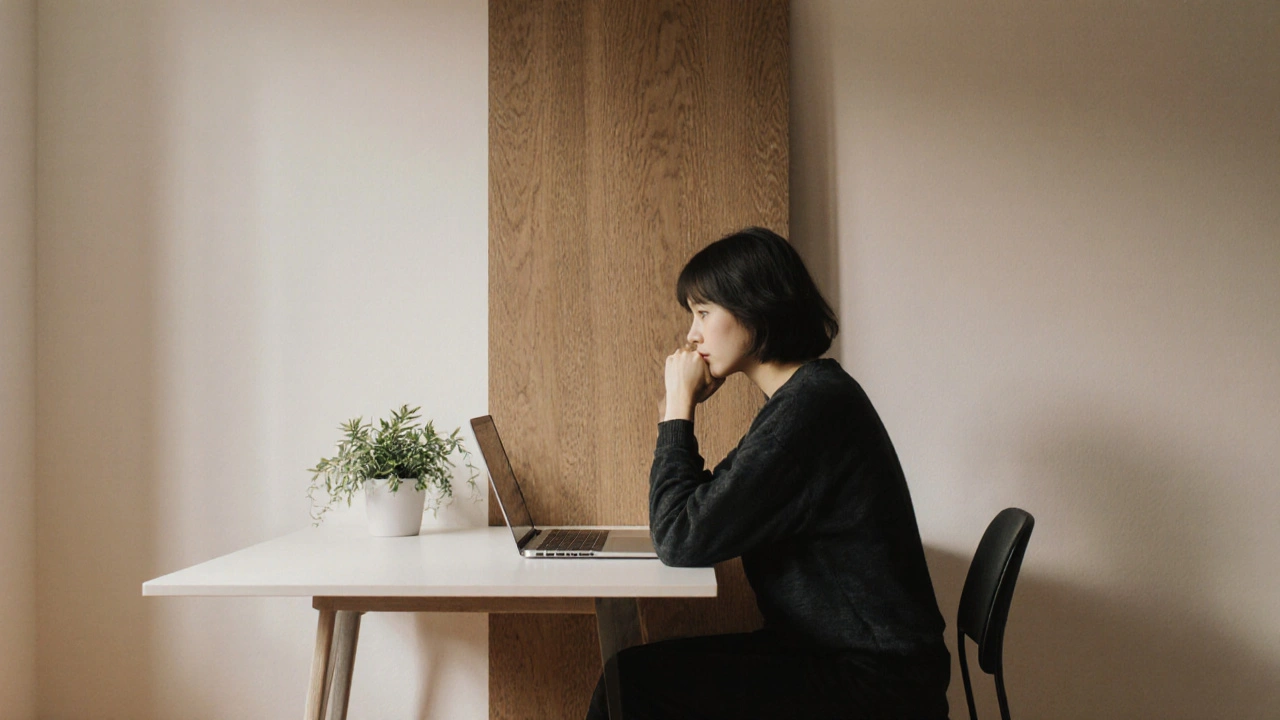 Osoba sedící u minimalistického stolu s laptopem, za ní jedna dřevěná vložka na zdi a malá rostlina.