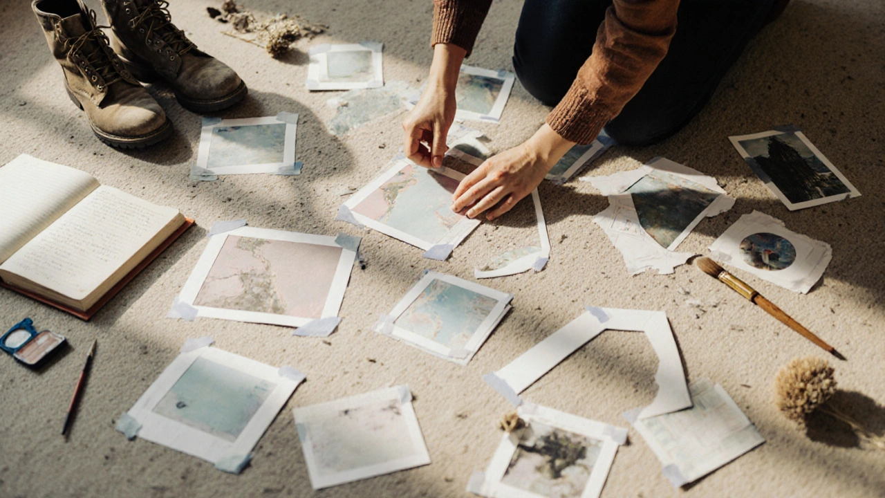 Papírové šablony obrazů na podlaze s osobními věcmi, připravující výzdobu stěny.