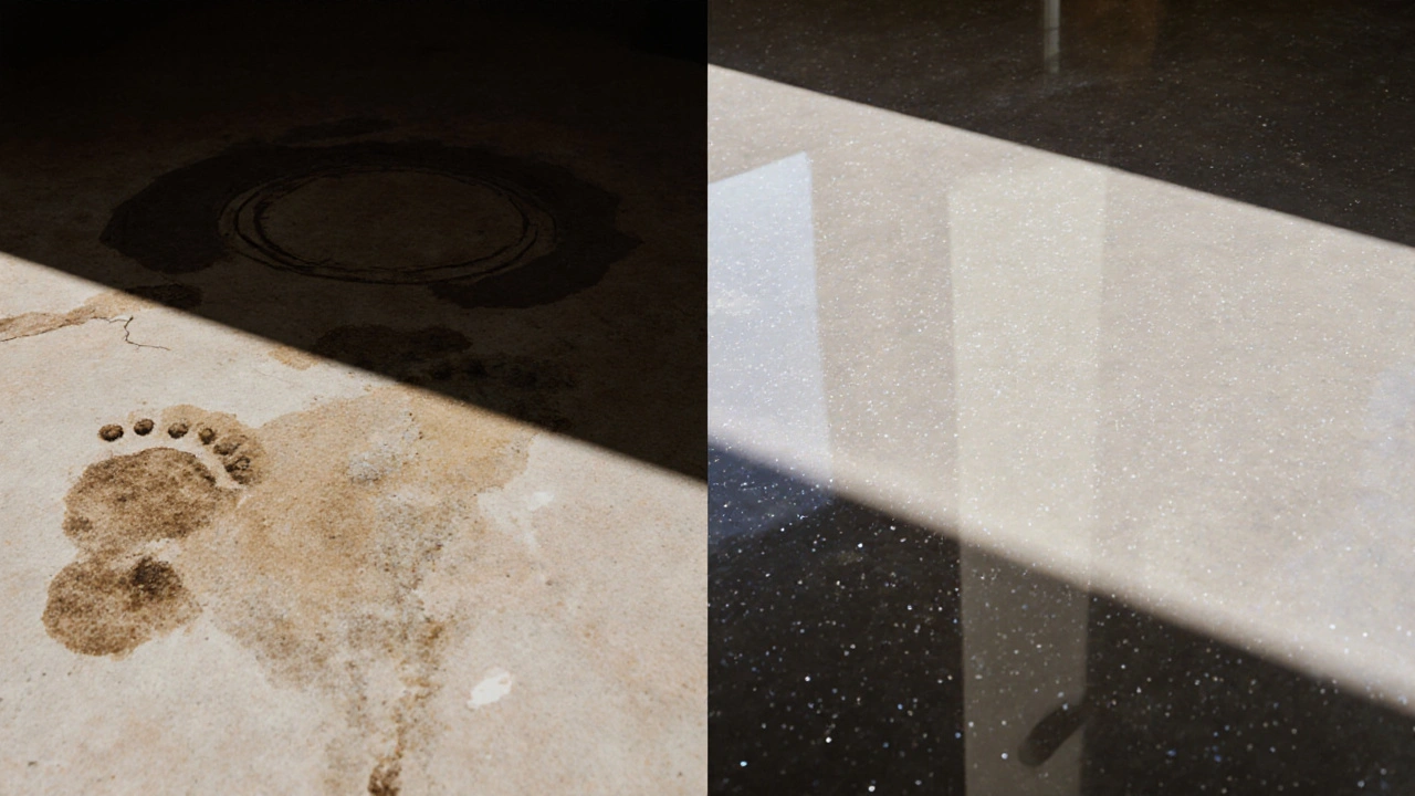 Porovnání poškozené a obnovené mramorové podlahy: matná a skvrnité proti lesklé a bezchybné.