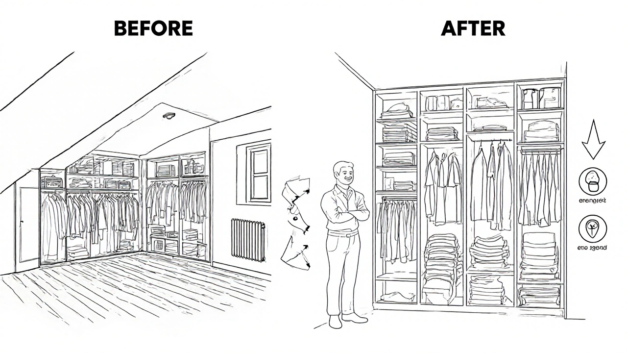 Porovnání před a po: nevyužité mezery vs. perfektně využitý prostor pomocí vestavěné skříně.