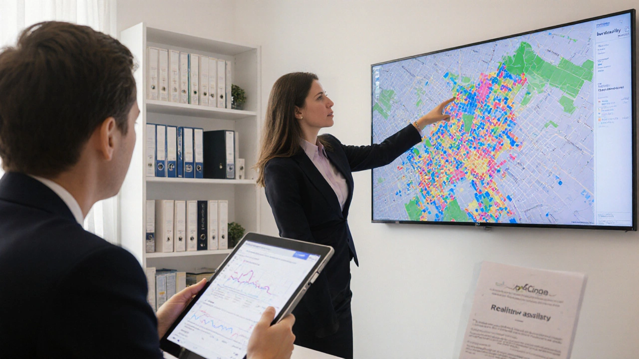 Realitní agentka ukazuje klientovi na obrazovce analýzu cen nemovitostí v Praze.