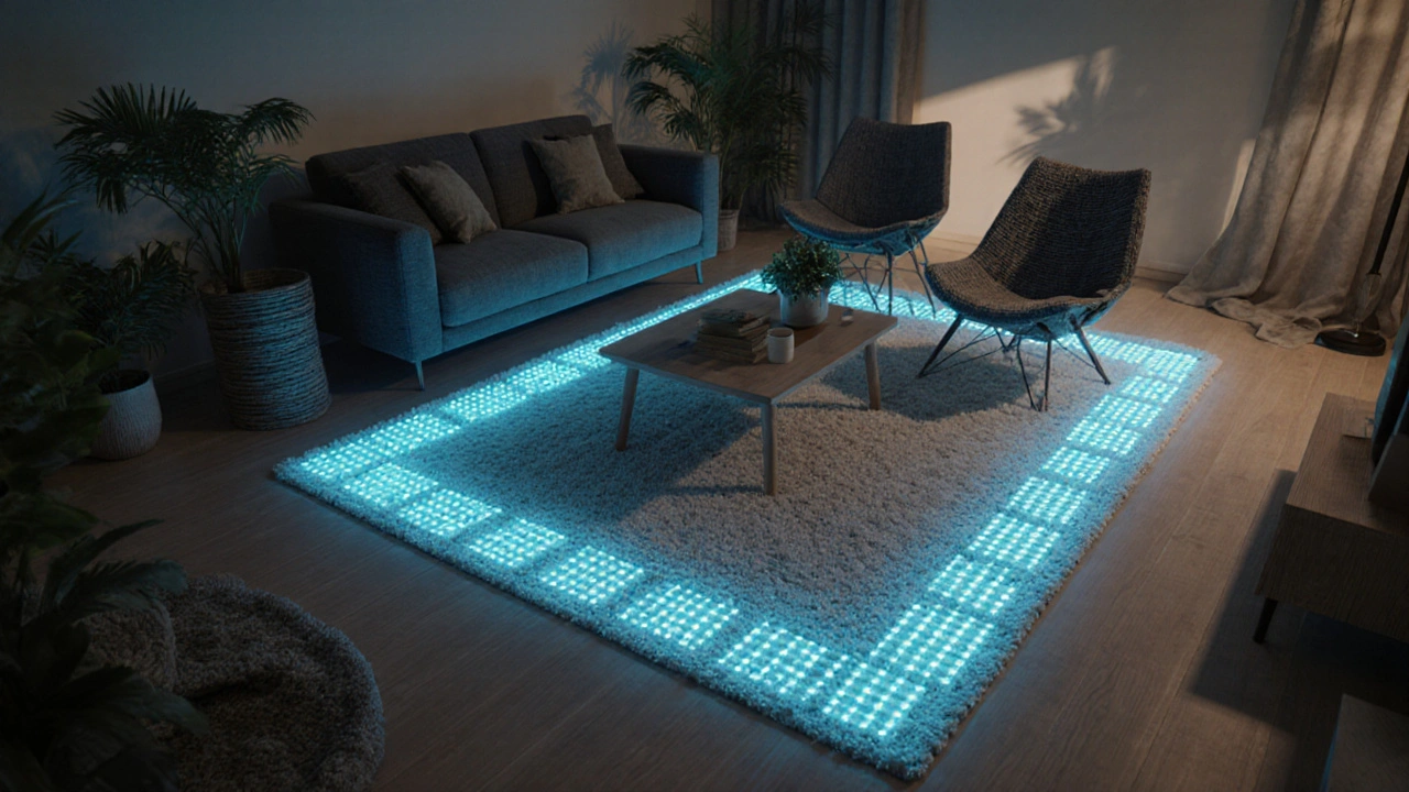 Recyklovaný koberec s čidly teploty v útulném interiéru s odstupem od stěn a přírodními materiály.