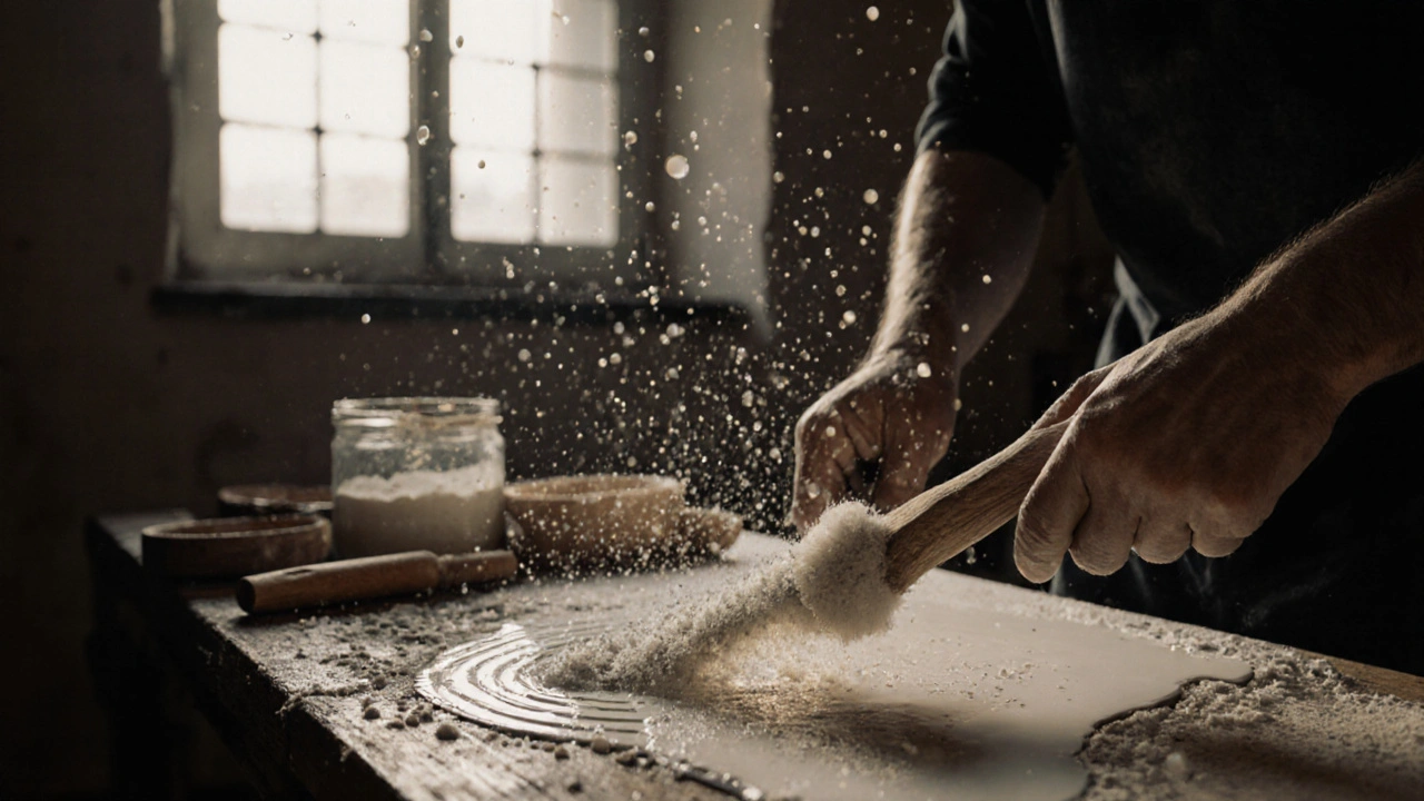 Řemeslník aplikuje perlový štuk hladítkem v dílně při měkkém světle.