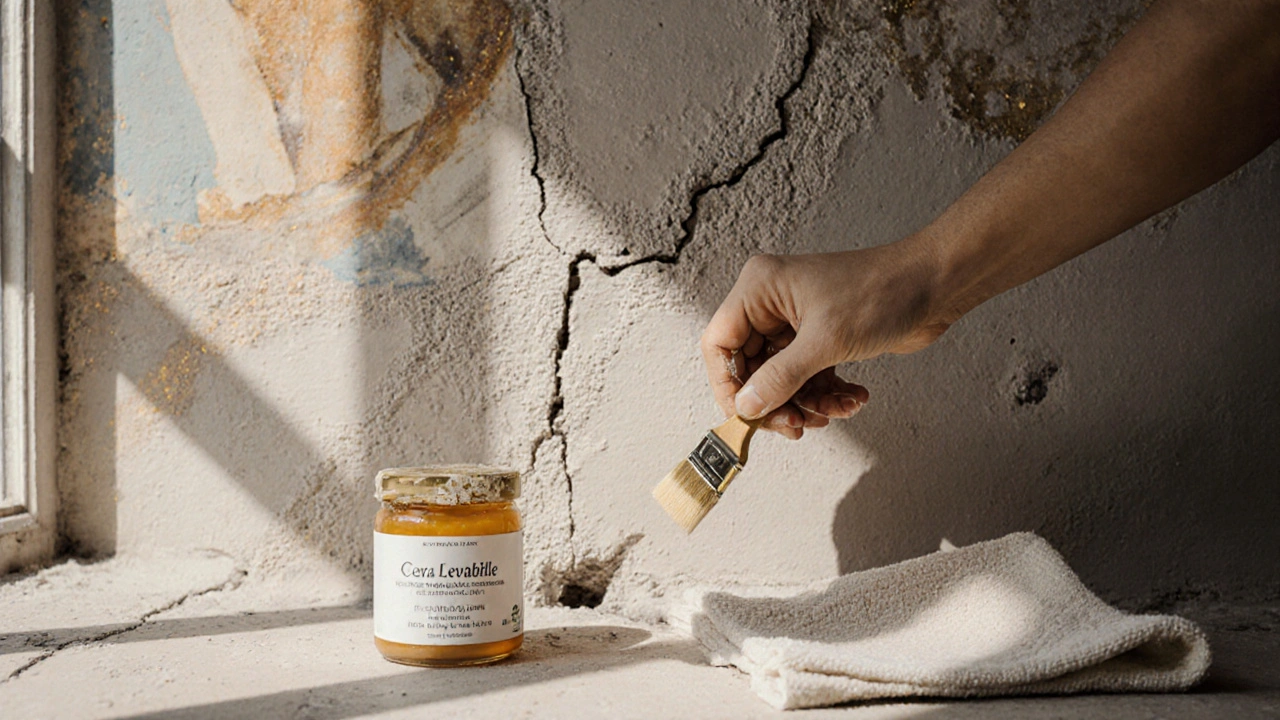 Restaurátor opravuje poškozenou zeď a odhaluje staré nástěnné malby.