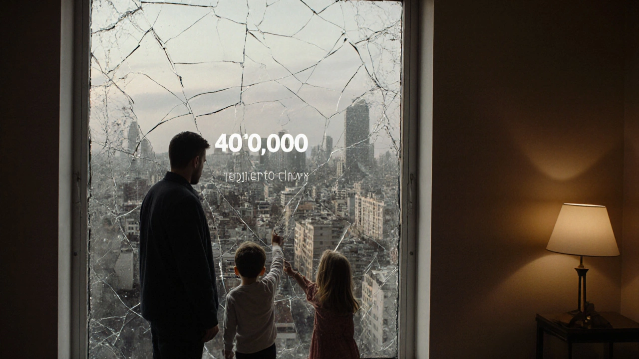 Rodina před zrcadlem, které odrazuje prázdné bytové prostory, s nápisem &#039;chybí 400 000 bytů&#039;.