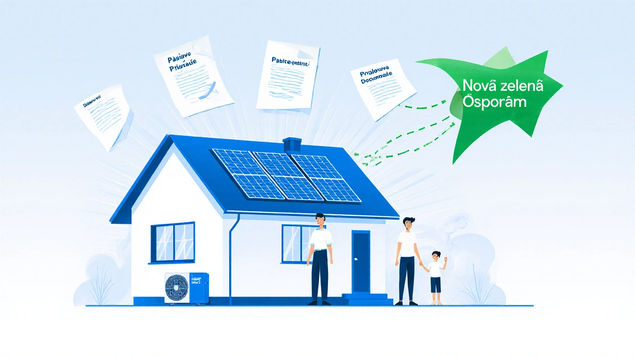 Rodina u energeticky úsporného domu s dokumenty a zelenou subsidii ve vzduchu.